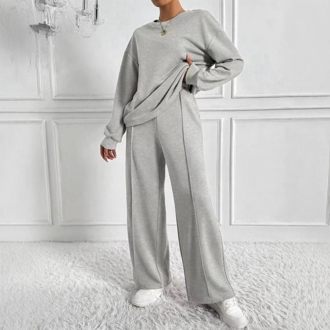 AMBRA - Casual Long Sleeve Sweatshirt and High Waist Pants Set
