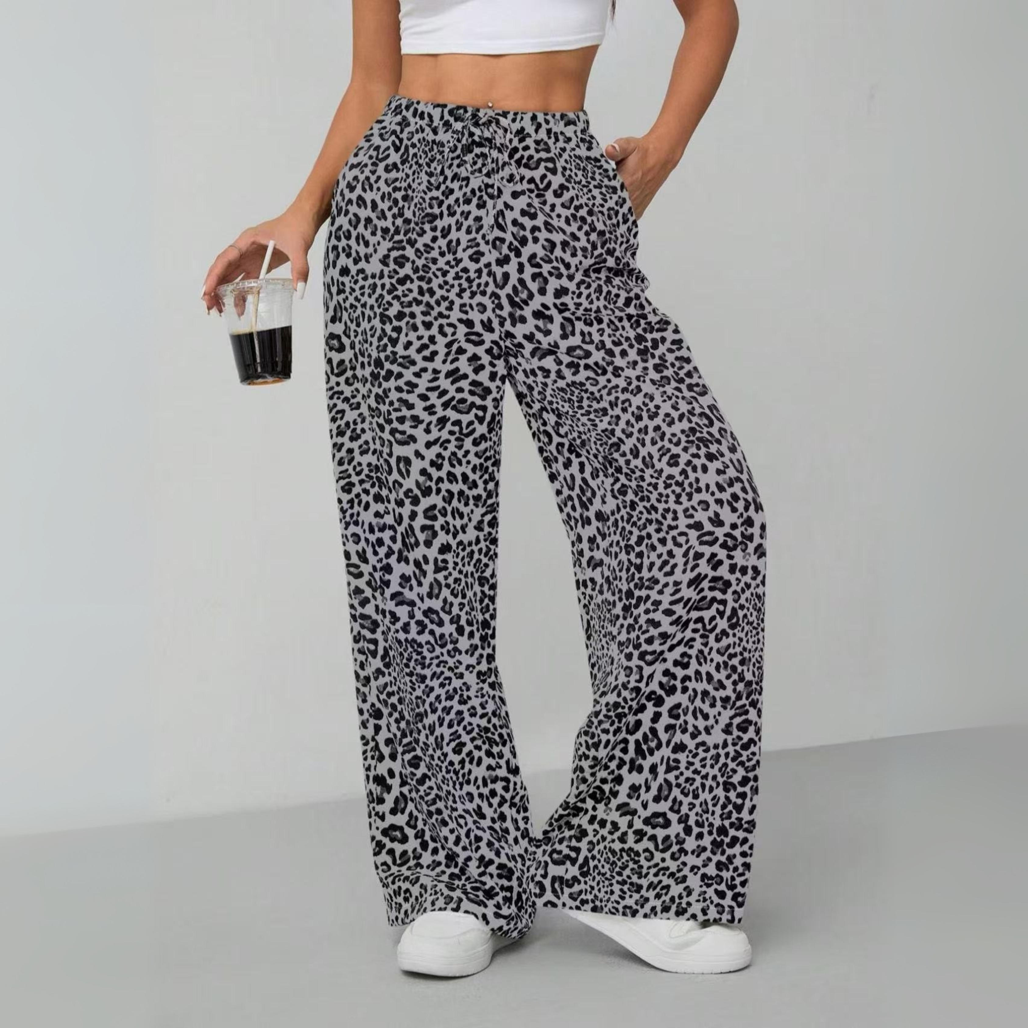 SYALA - Vintage Leopard Tie Front Wide Leg Pants