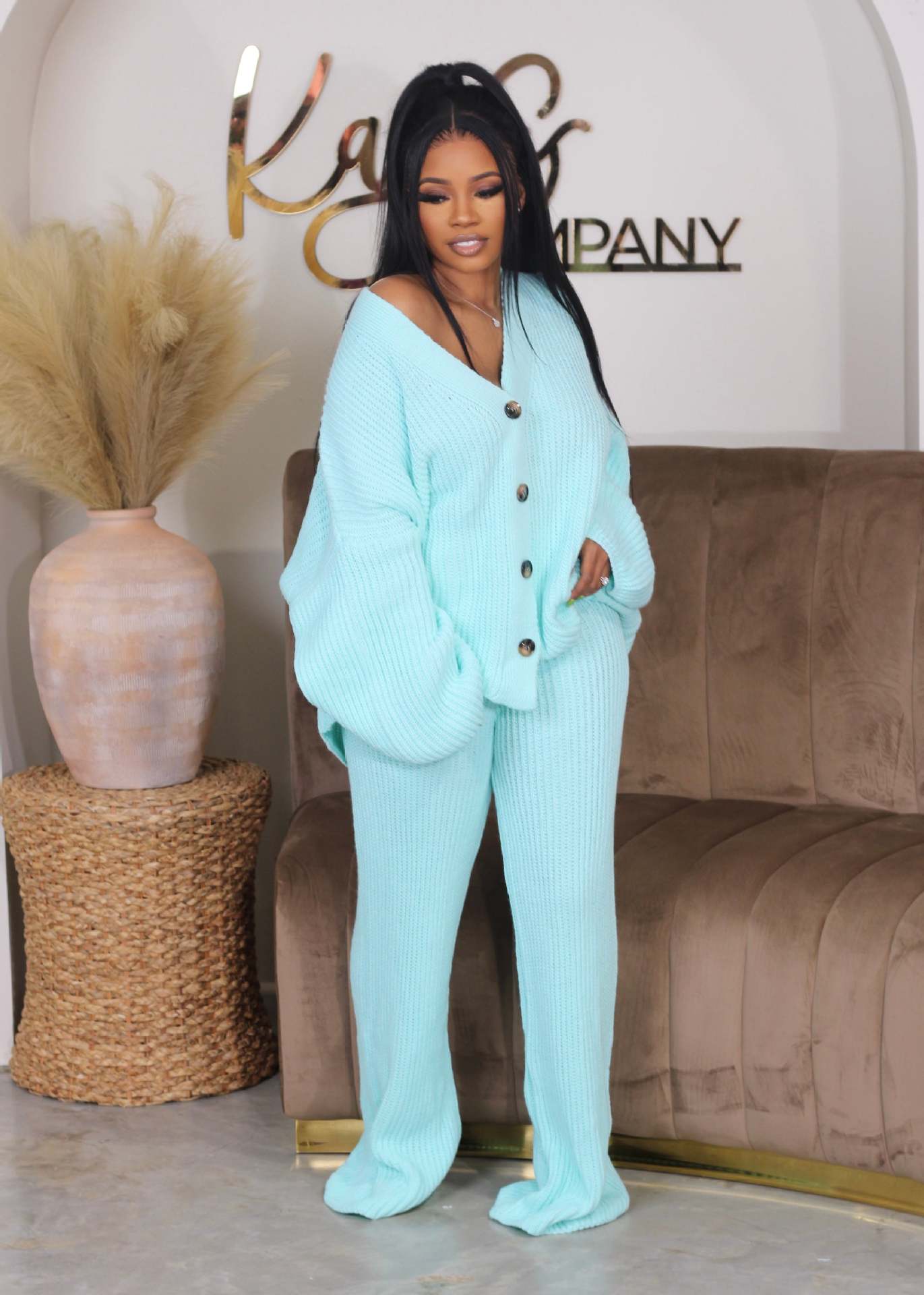 AMIKA - Casual V-Neck Cardigan and Wide Leg Pants Set