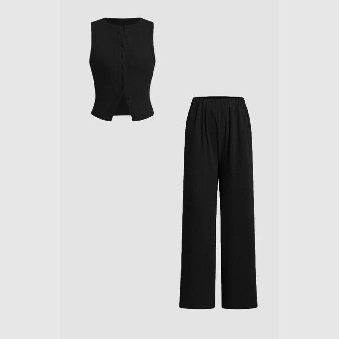 CLAIRE - Elegant Ribbed Button Tank and Pants Set