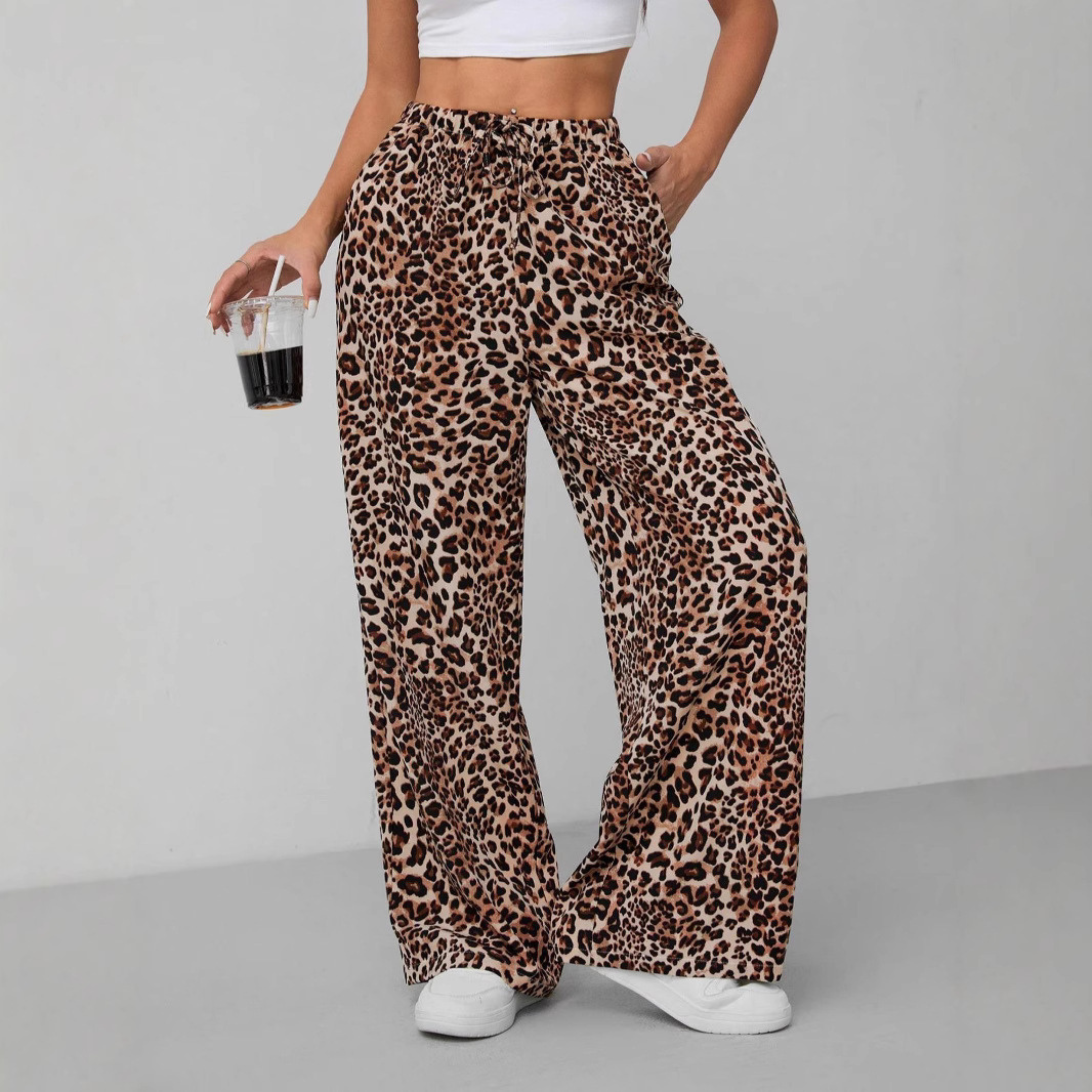 SYALA - Vintage Leopard Tie Front Wide Leg Pants