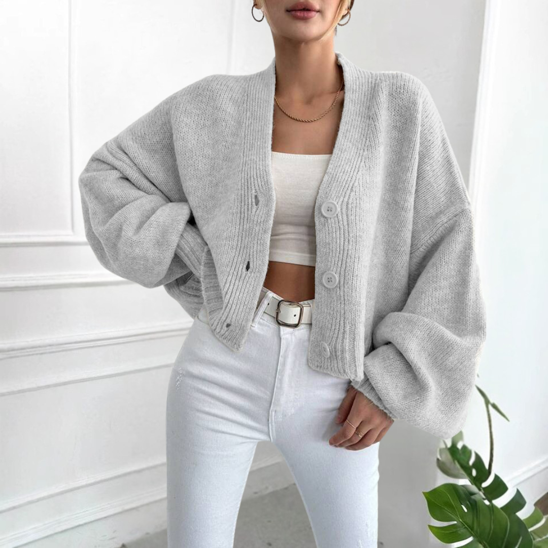 QONY - Casual Crop Lantern Sleeve Cardigan
