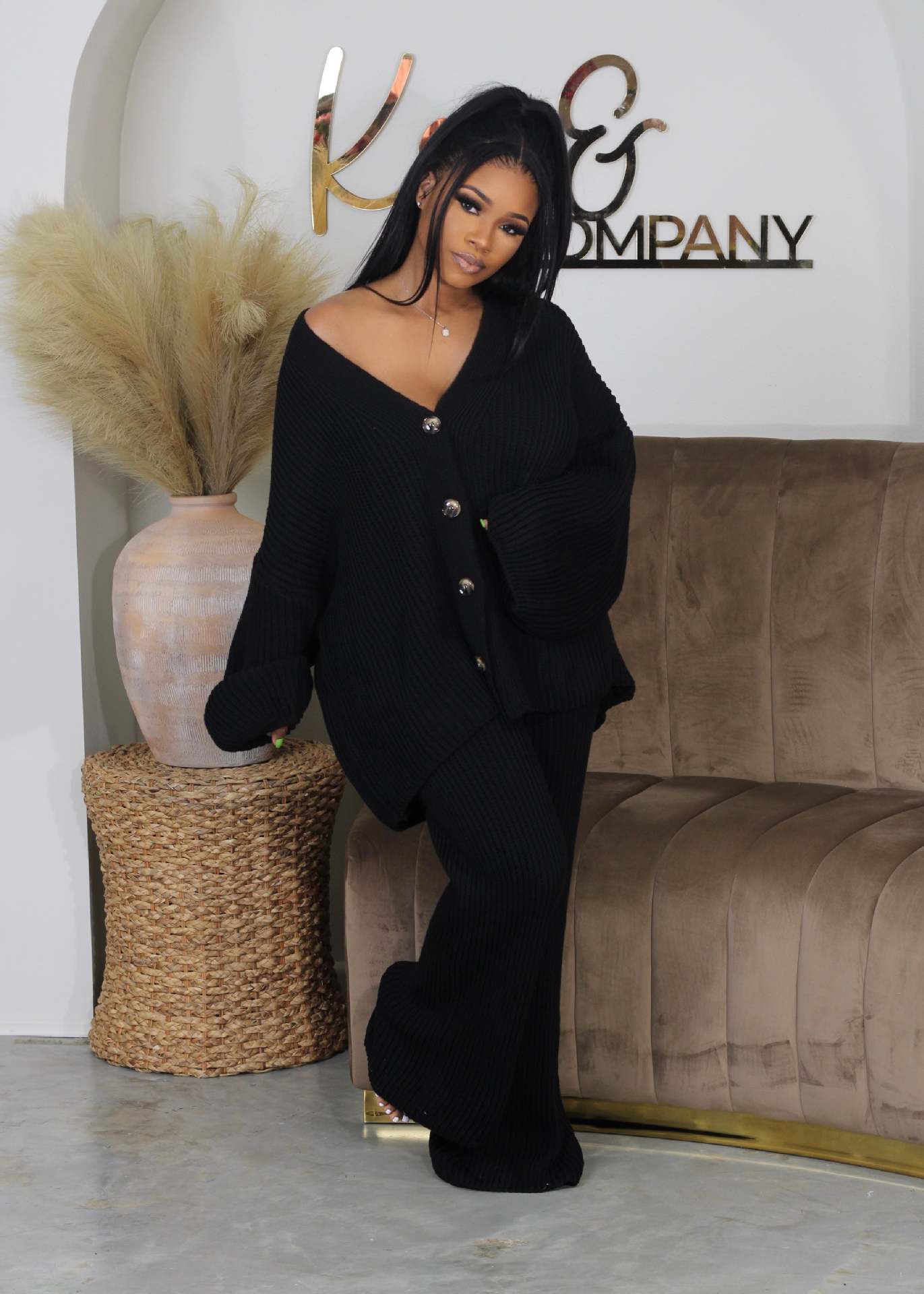 AMIKA - Casual V-Neck Cardigan and Wide Leg Pants Set