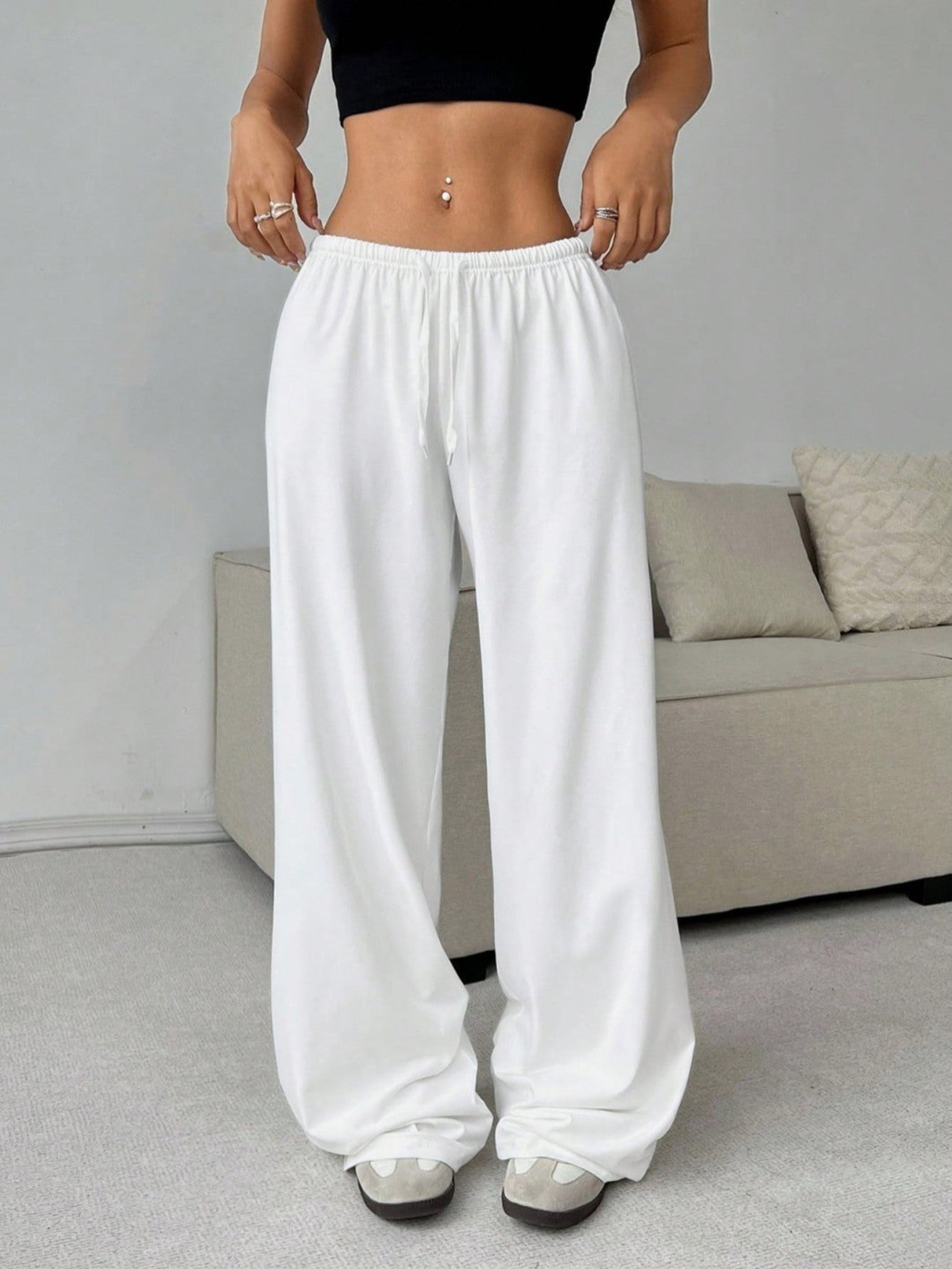 QOVELA - Casual Adjustable String Wide Leg Pants