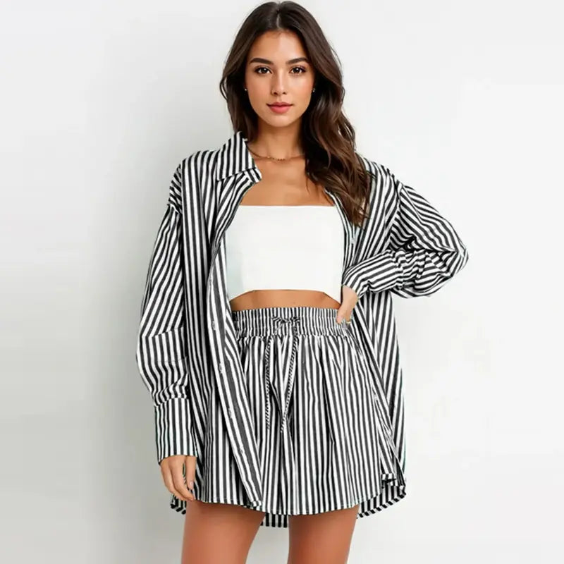 TIFY –  Chic Striped Collared Shirt and Wide-Leg Shorts Set